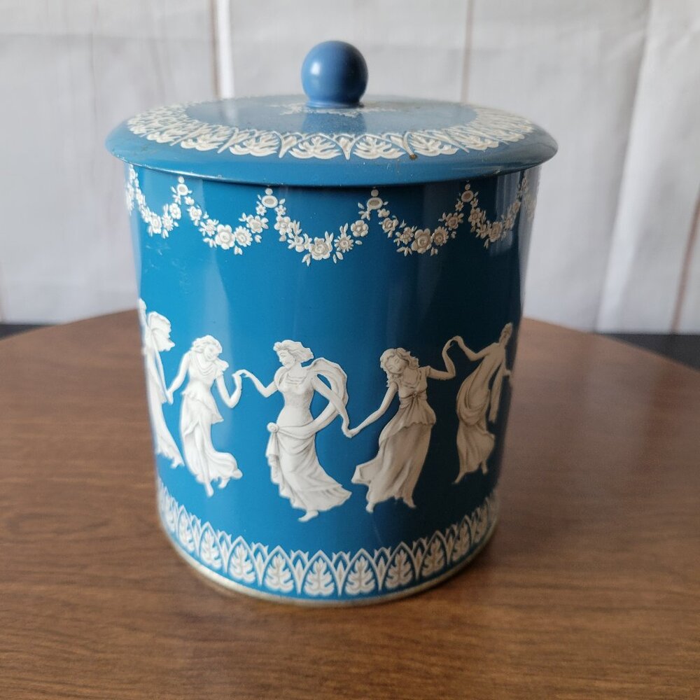 Vintage 1950’s Round Blue/Ivory Tin Canister, Made in England, Greek Goddess
